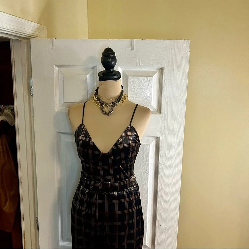 Emory Park Retro 2 Piece Velvet Corset Top Hippie Plaid Wide‎ Leg Pants Brown M